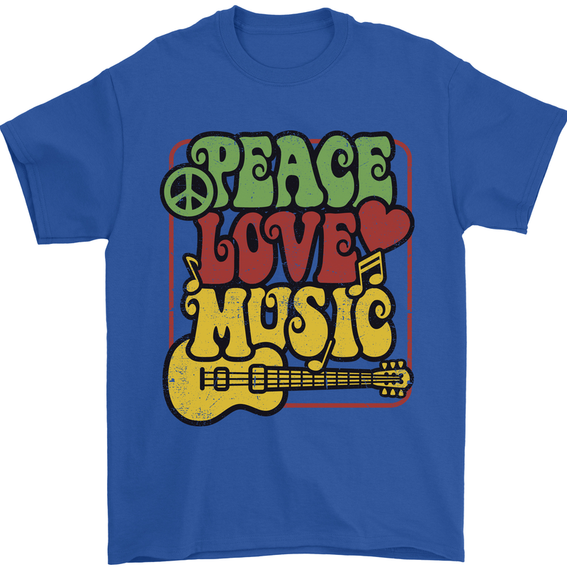 Peace Love Music Guitar Hippy Flower Power Mens T-Shirt 100% Cotton Royal Blue