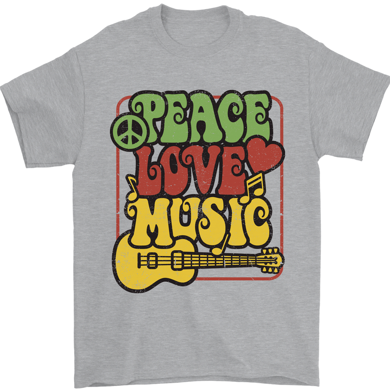 Peace Love Music Guitar Hippy Flower Power Mens T-Shirt 100% Cotton Sports Grey