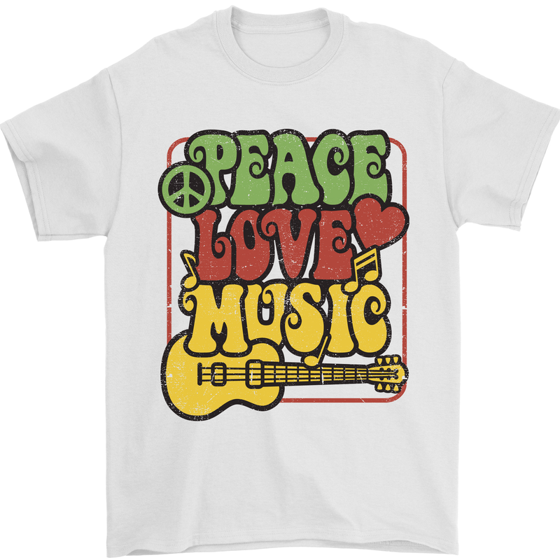 Peace Love Music Guitar Hippy Flower Power Mens T-Shirt 100% Cotton White