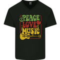 Peace Love Music Guitar Hippy Flower Power Mens V-Neck Cotton T-Shirt Black