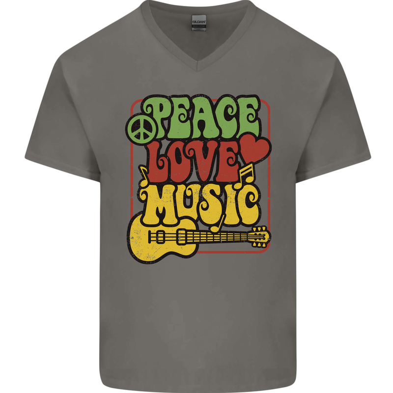 Peace Love Music Guitar Hippy Flower Power Mens V-Neck Cotton T-Shirt Charcoal