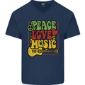 Peace Love Music Guitar Hippy Flower Power Mens V-Neck Cotton T-Shirt Navy Blue