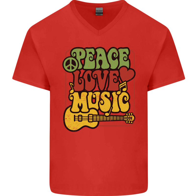 Peace Love Music Guitar Hippy Flower Power Mens V-Neck Cotton T-Shirt Red