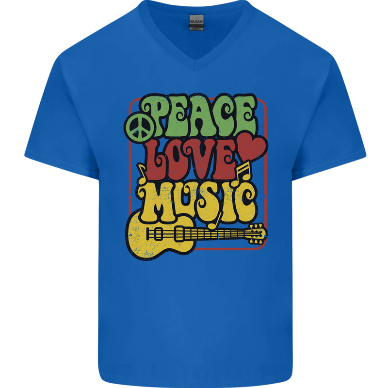 Peace Love Music Guitar Hippy Flower Power Mens V-Neck Cotton T-Shirt Royal Blue