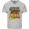 Peace Love Music Guitar Hippy Flower Power Mens V-Neck Cotton T-Shirt Sports Grey