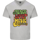 Peace Love Music Guitar Hippy Flower Power Mens V-Neck Cotton T-Shirt Sports Grey