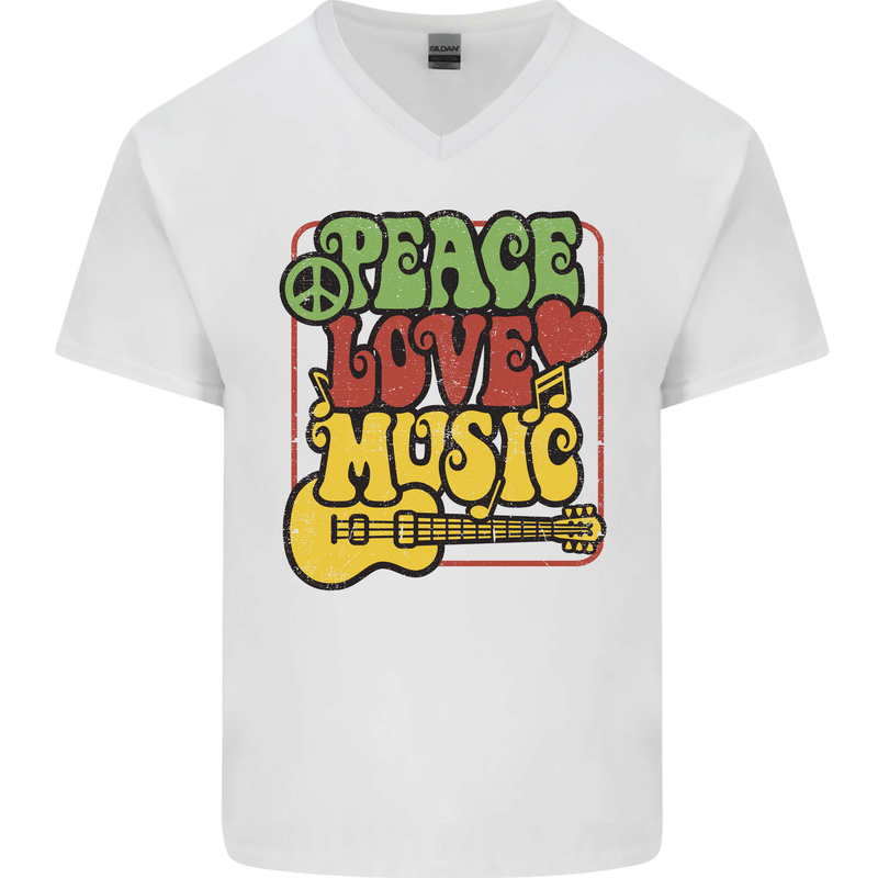 Peace Love Music Guitar Hippy Flower Power Mens V-Neck Cotton T-Shirt White