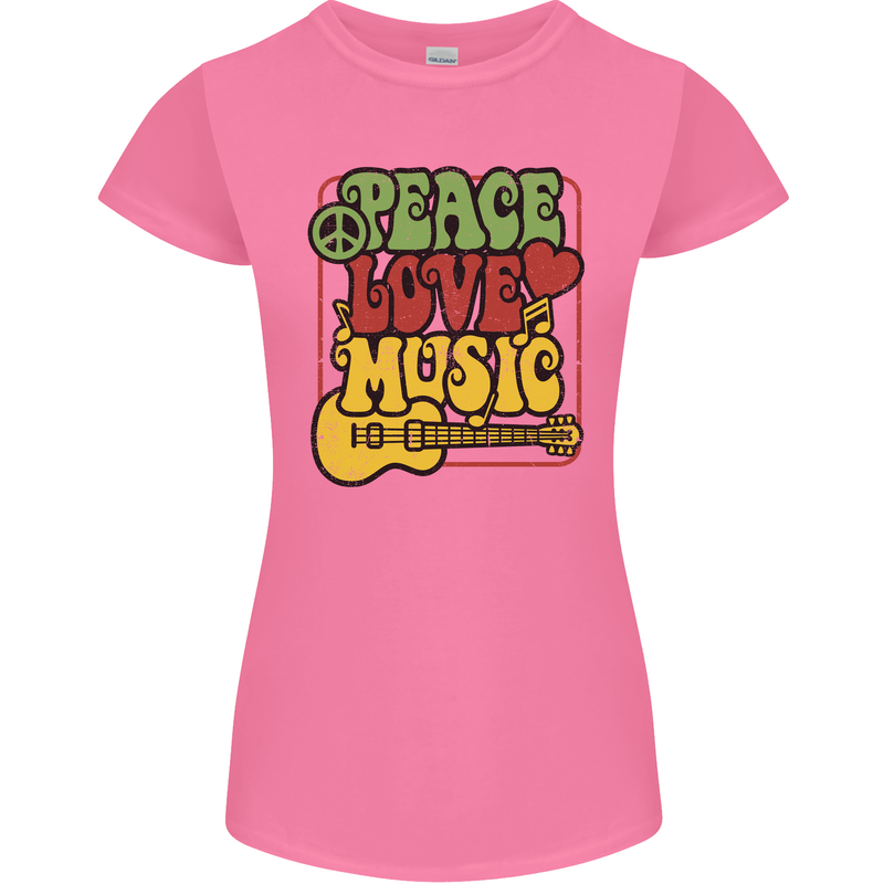 Peace Love Music Guitar Hippy Flower Power Womens Petite Cut T-Shirt Azalea