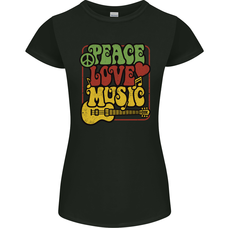 Peace Love Music Guitar Hippy Flower Power Womens Petite Cut T-Shirt Black