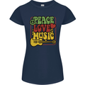 Peace Love Music Guitar Hippy Flower Power Womens Petite Cut T-Shirt Navy Blue