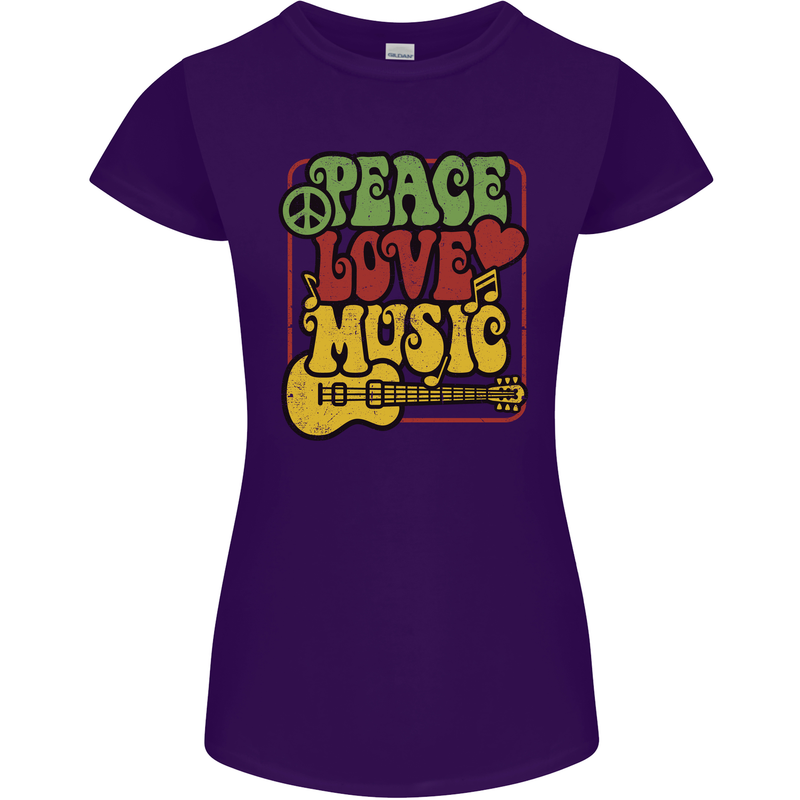 Peace Love Music Guitar Hippy Flower Power Womens Petite Cut T-Shirt Purple