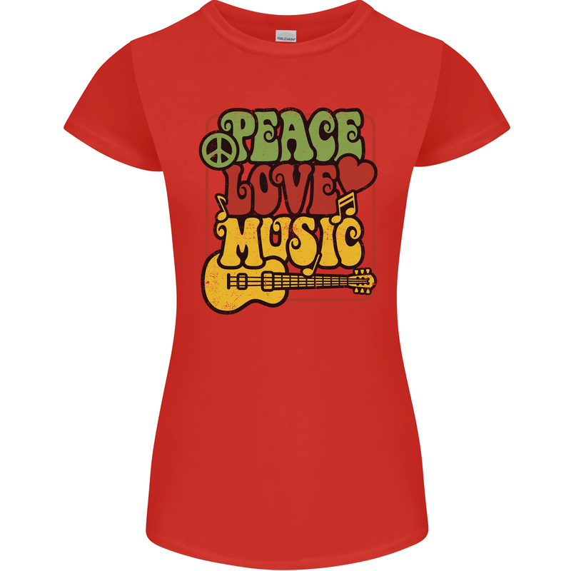 Peace Love Music Guitar Hippy Flower Power Womens Petite Cut T-Shirt Red
