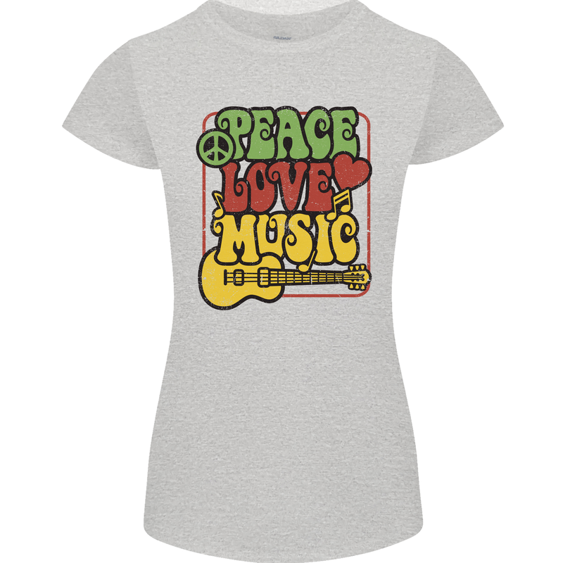 Peace Love Music Guitar Hippy Flower Power Womens Petite Cut T-Shirt Sports Grey