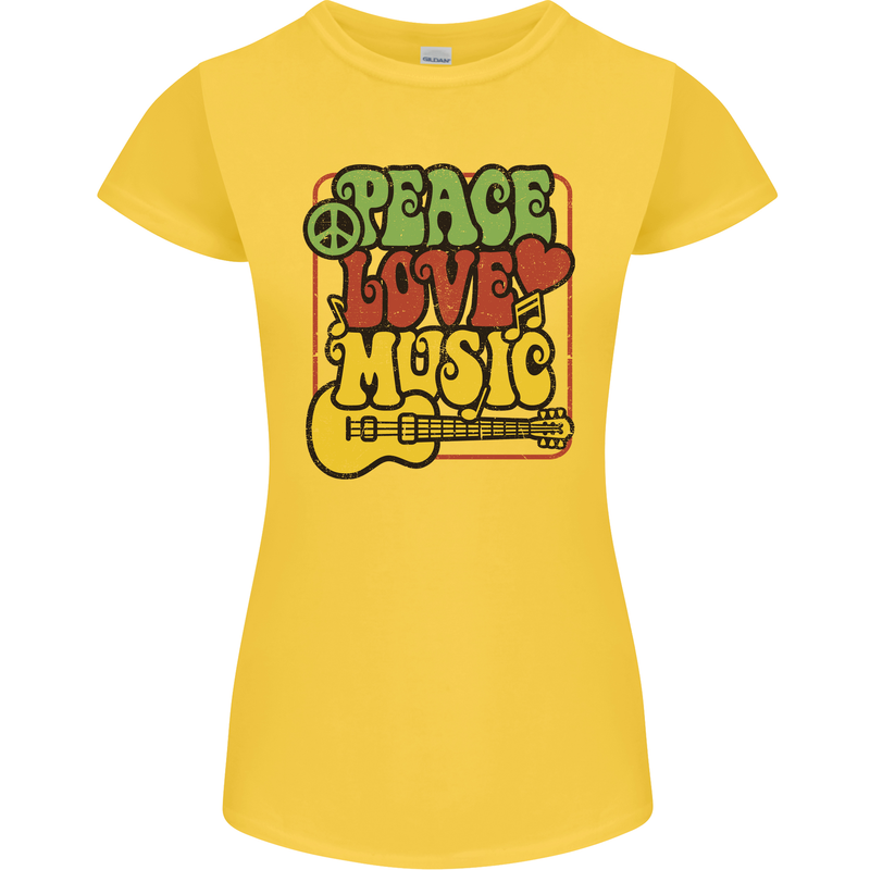 Peace Love Music Guitar Hippy Flower Power Womens Petite Cut T-Shirt Yellow
