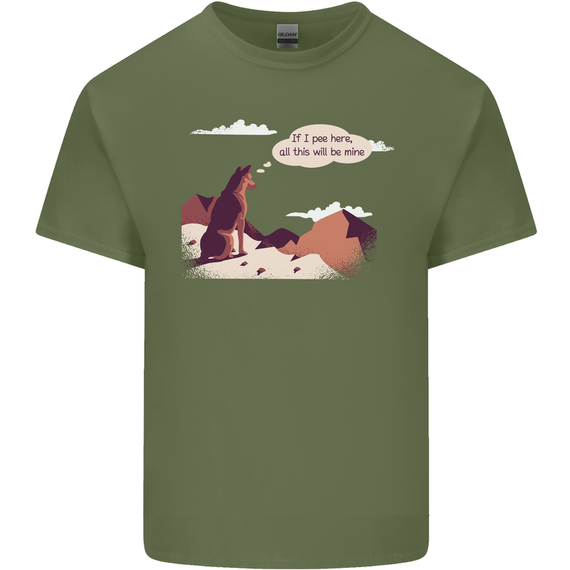 Peeing Dog in the Mountains Funny Mens Cotton T-Shirt Tee Top Military Green