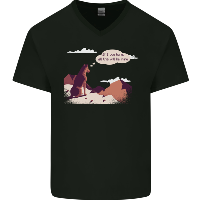 Peeing Dog in the Mountains Funny Mens V-Neck Cotton T-Shirt Black