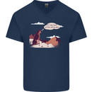 Peeing Dog in the Mountains Funny Mens V-Neck Cotton T-Shirt Navy Blue