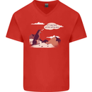 Peeing Dog in the Mountains Funny Mens V-Neck Cotton T-Shirt Red