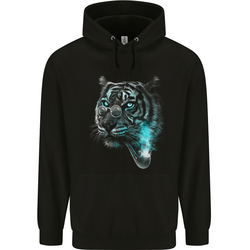 Pensive Tiger Funny Smoking Wild Cat Childrens Kids Hoodie Black