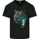 Pensive Tiger Funny Smoking Wild Cat Mens V-Neck Cotton T-Shirt Black