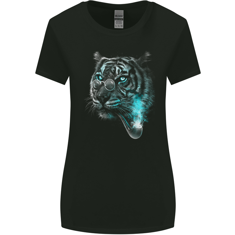 Pensive Tiger Funny Smoking Wild Cat Womens Wider Cut T-Shirt Black