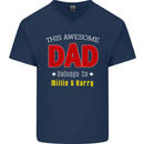 Personalised This Awesome Dad Belongs to Mens V-Neck Cotton T-Shirt Navy Blue