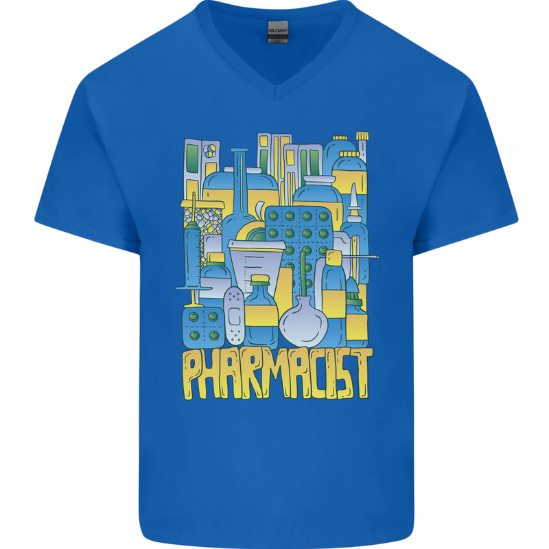 Pharmacist Chemist Design Mens V-Neck Cotton T-Shirt Royal Blue
