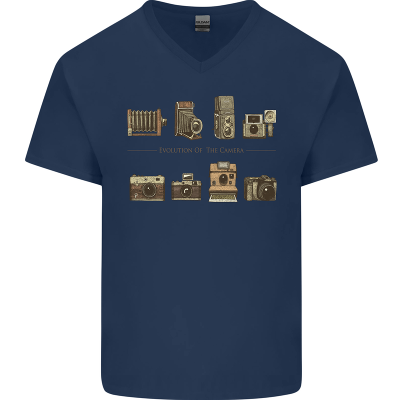 Photography Camera Evolution Photograper Mens V-Neck Cotton T-Shirt Navy Blue