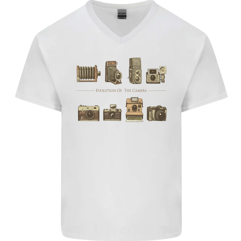 Photography Camera Evolution Photograper Mens V-Neck Cotton T-Shirt White