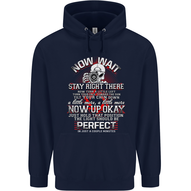 Photography Now Wait Photographer Funny Childrens Kids Hoodie Navy Blue
