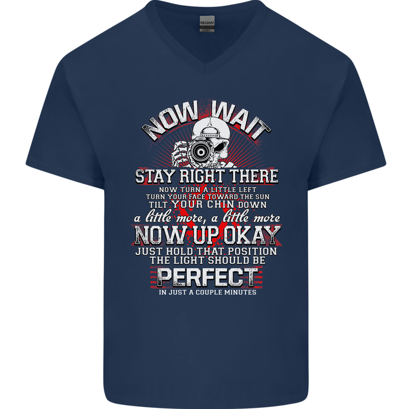 Photography Now Wait Photographer Funny Mens V-Neck Cotton T-Shirt Navy Blue