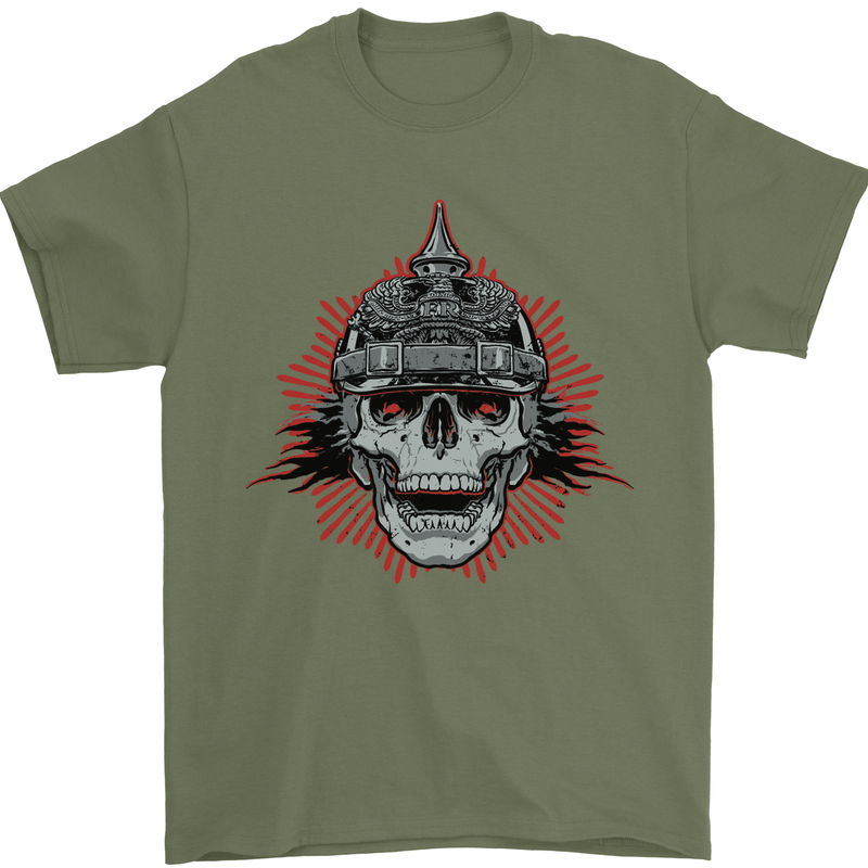 Pickelhaube Skull Prussian Helmet Biker Mens T-Shirt Cotton Gildan Military Green