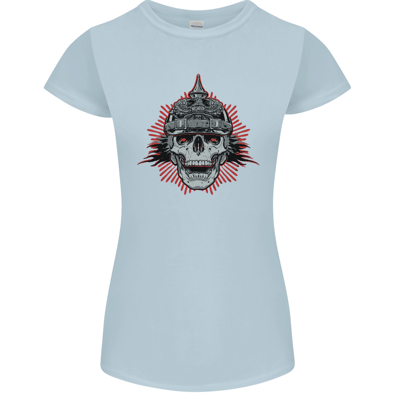 Pickelhaube Skull Prussian Helmet Biker Womens Petite Cut T-Shirt Light Blue