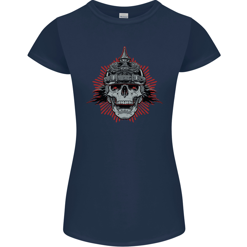 Pickelhaube Skull Prussian Helmet Biker Womens Petite Cut T-Shirt Navy Blue