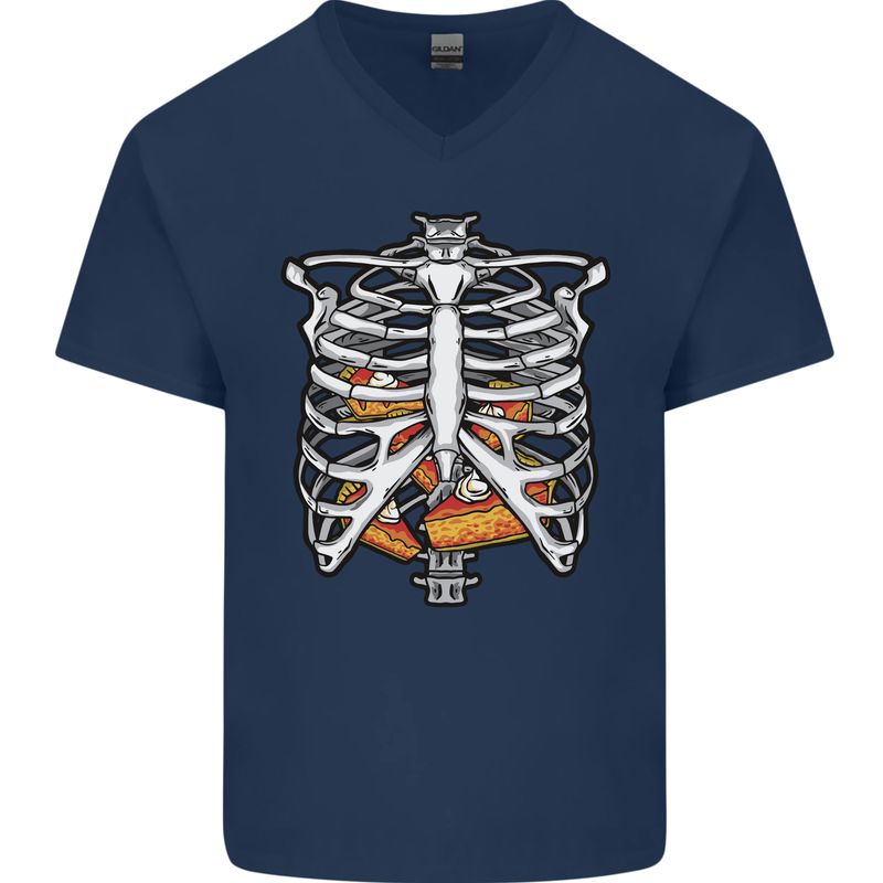 Pie Inside a Skeleton Torso Funny Food Mens V-Neck Cotton T-Shirt Navy Blue