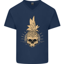 Pineapple Skull Gothic Biker Surfing Mens V-Neck Cotton T-Shirt Navy Blue