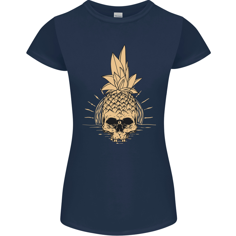 Pineapple Skull Gothic Biker Surfing Womens Petite Cut T-Shirt Navy Blue
