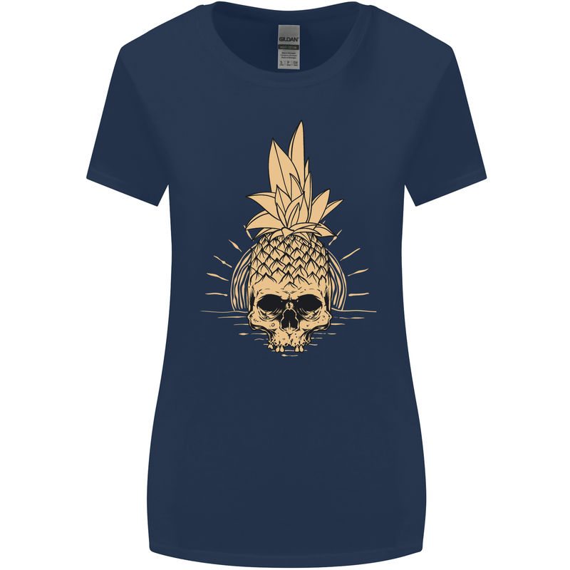 Pineapple Skull Gothic Biker Surfing Womens Wider Cut T-Shirt Navy Blue