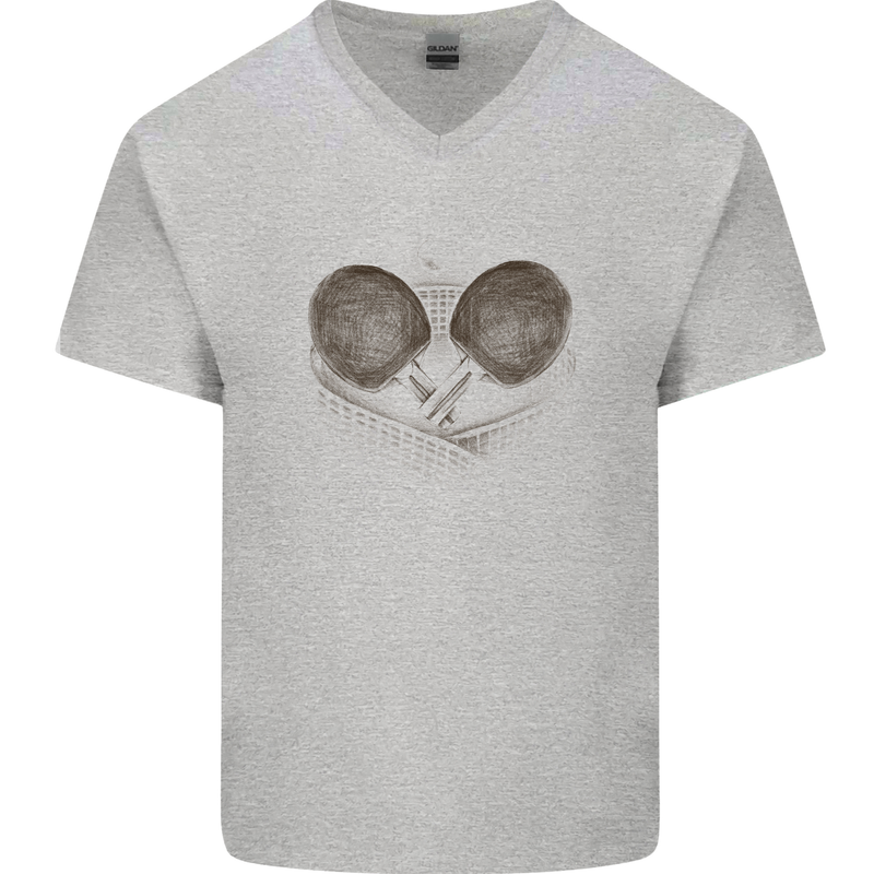 Ping Pong Sketch Table Tennis Set Mens V-Neck Cotton T-Shirt Sports Grey