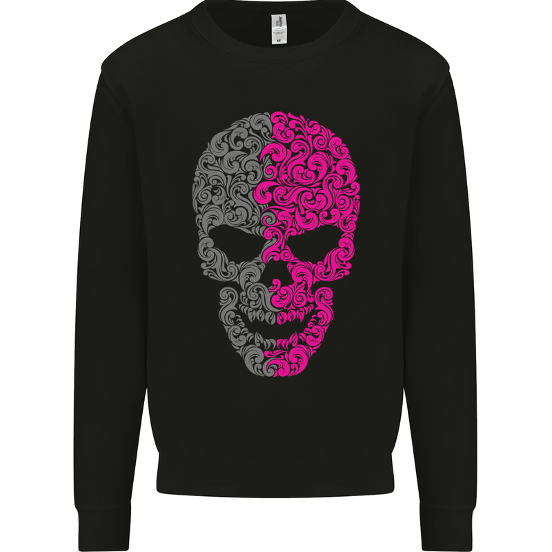 Pink and Grey Skull Pattern Gothic Biker Kids Sweatshirt Jumper Black