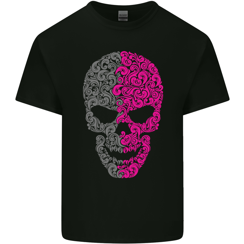 Pink and Grey Skull Pattern Gothic Biker Kids T-Shirt Childrens Black