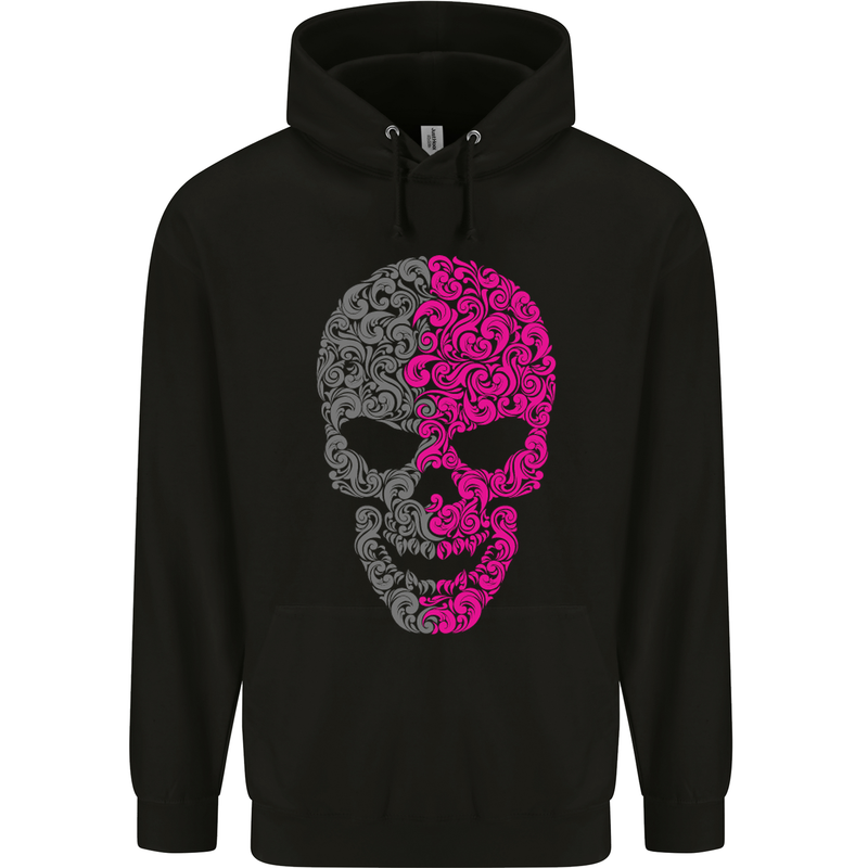 Pink and Grey Skull Pattern Gothic Biker Mens Hoodie Black