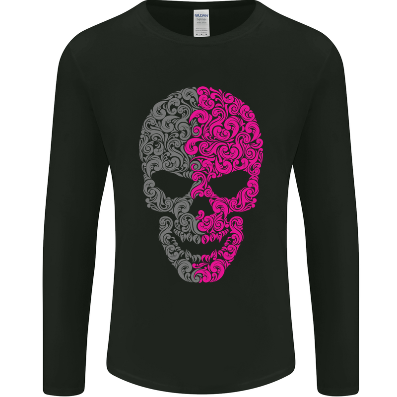 Pink and Grey Skull Pattern Gothic Biker Mens Long Sleeve T-Shirt Black