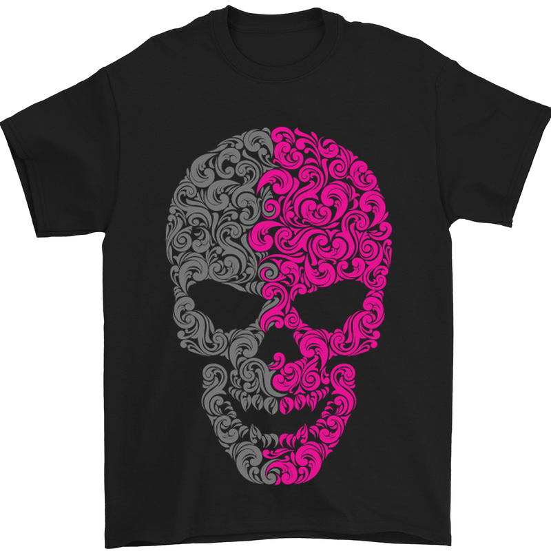 Pink and Grey Skull Pattern Gothic Biker Mens T-Shirt Cotton Gildan Black