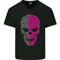 Pink and Grey Skull Pattern Gothic Biker Mens V-Neck Cotton T-Shirt Black