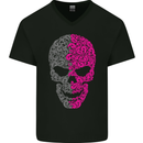 Pink and Grey Skull Pattern Gothic Biker Mens V-Neck Cotton T-Shirt Black