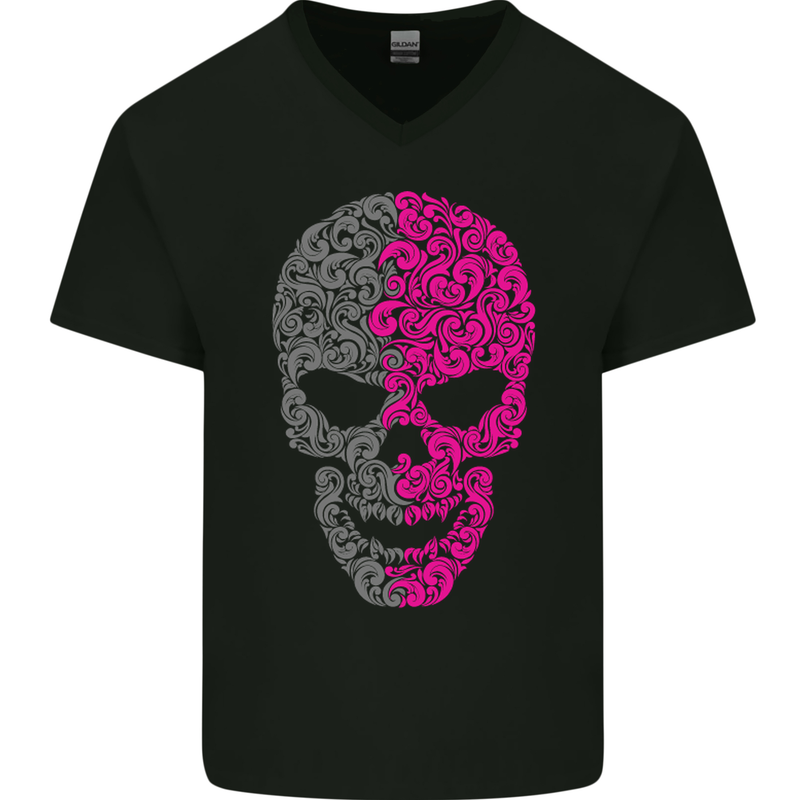 Pink and Grey Skull Pattern Gothic Biker Mens V-Neck Cotton T-Shirt Black