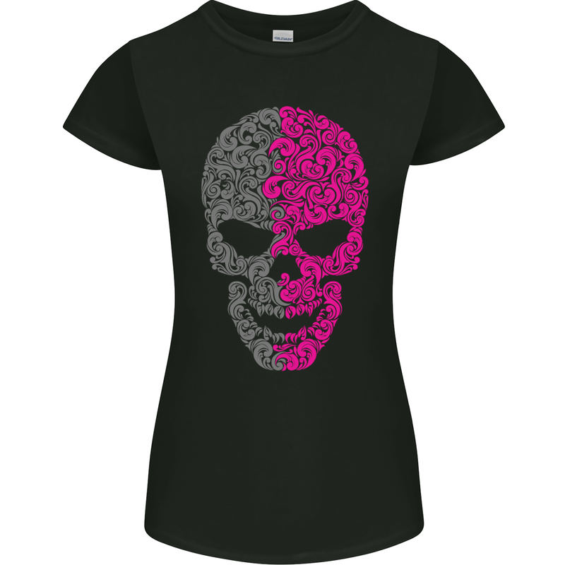 Pink and Grey Skull Pattern Gothic Biker Womens Petite Cut T-Shirt Black