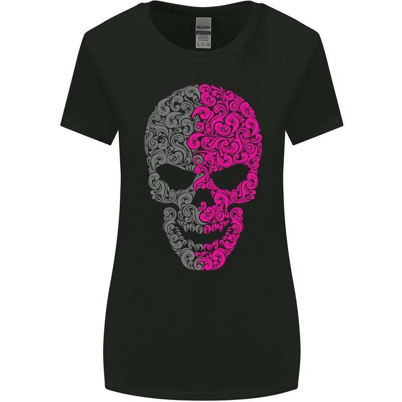 Pink and Grey Skull Pattern Gothic Biker Womens Wider Cut T-Shirt Black
