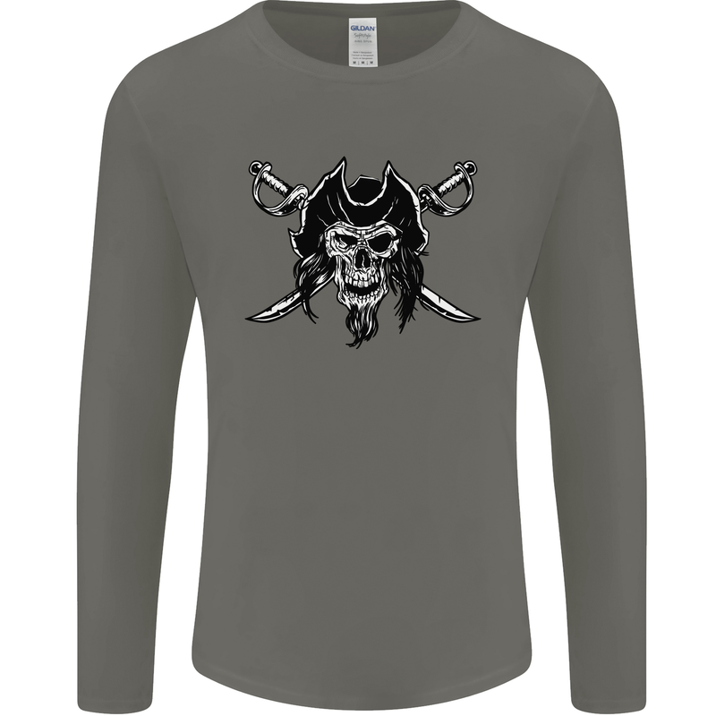 Pirate & Swords Skull Captain Jolly Roger Mens Long Sleeve T-Shirt Charcoal